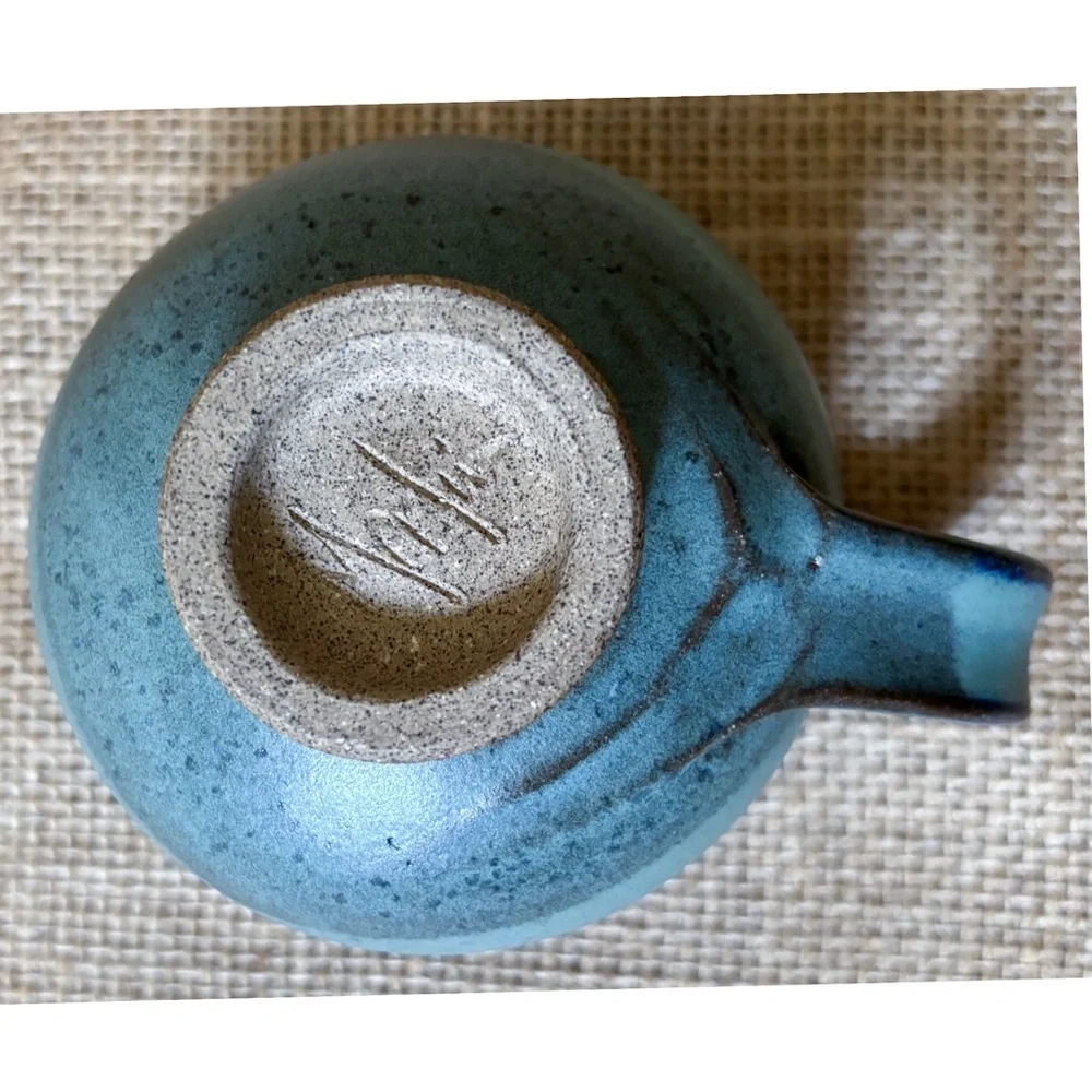 Signed Blue Green Art Pottery Creamer Bolbous Coastal Grandma Fairy Core Boho